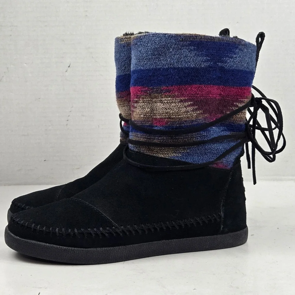 TOMS Nepal Boots Suede Woven Southwestern Aztec Black Multi Color Sherpa Size 8